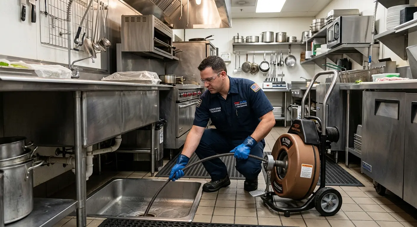 Commercial drain cleaning service in a restaurant kitchen in Coachella
