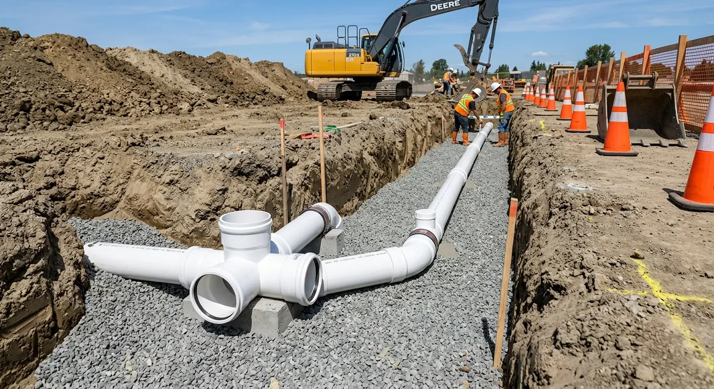 New PVC sewer pipe installation in open trench for Sewer Backup in Coachella