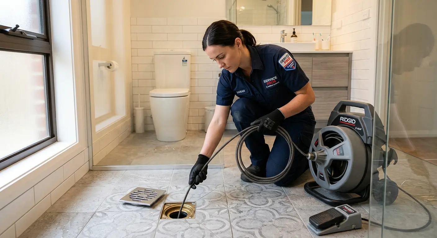 Technician clearing a bathroom floor drain for Drain Cleaning in Coachella